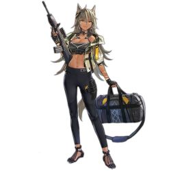 Rule 34 | 1girl, ahoge, animal ear fluff, animal ears, assault rifle, bag, bare shoulders, black gloves, black pants, breasts, brown hair, bullpup, cleavage, collarbone, commentary request, cr-21 (girls&#039; frontline), dark-skinned female, dark skin, earrings, extra ears, facial mark, fingerless gloves, full body, girls&#039; frontline, gloves, gradient background, gun, hair ornament, high-waist pants, holding, holding weapon, jacket, jewelry, kisetsu, long hair, medium breasts, midriff, navel, official art, open mouth, pants, prototype design, rifle, shadow, skin tight, smile, solo, standing, stomach, tail, transparent background, trigger discipline, vektor cr-21, weapon, yellow eyes
