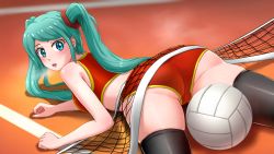 Rule 34 | 1girl, aqua hair, ass, ball, bare shoulders, black thighhighs, blue eyes, blush, breasts, breath, buruma, cameltoe, everlasting summer, from behind, hatsune miku, highres, huge ass, huyase, long hair, looking at viewer, looking back, lying, medium breasts, on floor, on stomach, open mouth, playing sports, solo, steam, sweat, tank top, thighhighs, twintails, vocaloid, volleyball, volleyball (object), volleyball net