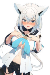 Rule 34 | 1girl, ahoge, animal ear fluff, animal ears, black shorts, blue neckerchief, blush, braid, breasts, cleavage, commentary request, earrings, fox ears, fox girl, fox tail, green eyes, hair between eyes, hands on own chest, heart, heart ahoge, highres, hololive, hood, hoodie, jewelry, large breasts, long hair, looking at viewer, midriff, navel, neckerchief, open mouth, pentagram, shirai yu, shirakami fubuki, shirakami fubuki (1st costume), short shorts, shorts, sidelocks, simple background, single braid, solo, tail, virtual youtuber, white background, white hair, white hoodie