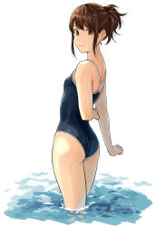 Rule 34 | 1girl, arms behind back, ass, breasts, brown hair, closed mouth, commentary request, competition school swimsuit, from behind, gintama, highres, kobaji, looking at viewer, looking back, one-piece swimsuit, ponytail, revision, school swimsuit, shimura tae, short hair, simple background, small breasts, smile, solo, standing, swimsuit, wading, water, wet, wet clothes, white background