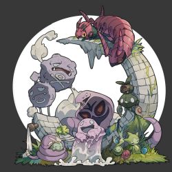 Rule 34 | arbok, border, budew, bug, clover, commentary, creatures (company), ekans, four-leaf clover, game freak, gen 1 pokemon, gen 3 pokemon, gen 4 pokemon, gen 5 pokemon, grass, grey border, grimer, gulpin, highres, industrial pipe, lanjiujiu, moss, nintendo, no humans, pokemon, pokemon (creature), roselia (pokemon), scolipede, snake, trubbish, venipede, water, weezing, white background