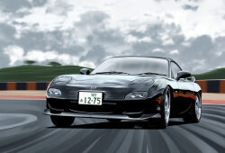Rule 34 | andres (ysct3225), car, cloud, cloudy sky, drifting, highres, license plate, mazda, mazda rx-7, mazda rx-7 fd, motion blur, motor vehicle, no humans, original, outdoors, racetrack, shadow, signature, sky, spoiler (automobile), vehicle focus