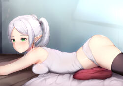 Rule 34 | 1girl, alternate costume, ass, black thighhighs, breasts, closed mouth, commentary, dangle earrings, earrings, elf, english commentary, frieren, from side, green eyes, indoors, jewelry, kimoshi, long hair, lying, medium breasts, on stomach, paid reward available, panties, parted bangs, petite, pointy ears, solo, sousou no frieren, tank top, thighhighs, twintails, underwear, white hair, white panties, white tank top