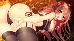 Rule 34 | 1girl, bent over, blush, bra, bra pull, breasts, cameltoe, chelsea soft (company), clothes pull, female focus, game cg, highres, koi wa yumemiru mouretsu girl!, large breasts, long hair, looking at viewer, looking back, nae-nae, nekojou erika, nipples, outdoors, panties, puffy areolae, puffy nipples, side-tie panties, smile, solo, thighhighs, tree, underwear