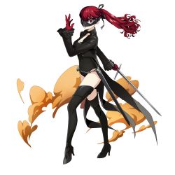 Rule 34 | 1girl, black coat, black footwear, black leotard, black thighhighs, breasts, choker, cleavage, coat, collarbone, female focus, floating hair, full body, gloves, high heels, highres, holding, holding sword, holding weapon, leotard, long hair, long sleeves, looking at viewer, mask, matching hair/eyes, medium breasts, official art, parted lips, persona, persona 5, persona 5 the royal, pumps, red eyes, red gloves, red hair, solo, standing, sword, sword art online, thighhighs, transparent background, weapon, yoshizawa kasumi
