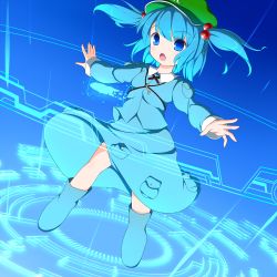 Rule 34 | 1girl, blue eyes, blue hair, female focus, hair bobbles, hair ornament, hat, kawashiro nitori, key, matching hair/eyes, nikku (ra), open mouth, outstretched arms, short hair, skirt, skirt set, solo, touhou, twintails, two side up