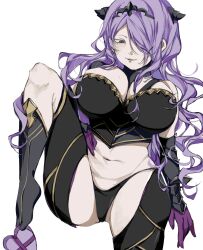 Rule 34 | 1girl, arm support, armor, breasts, camilla (fire emblem), cleavage, feet, fire emblem, hair over one eye, highres, large breasts, legs, long hair, looking at viewer, nintendo, parted lips, purple eyes, purple hair, sitting, smile, solo, thick thighs, thighs, valentine