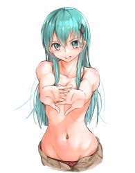 Rule 34 | 1girl, aqua eyes, aqua hair, blush, breasts, brown shorts, cracking knuckles, foreshortening, grin, groin, hair ornament, hairclip, highres, kabayaki namazu, kantai collection, long hair, looking at viewer, medium breasts, navel, open fly, own hands together, panties, red panties, shorts, sidelocks, simple background, smile, solo, stomach, stretching, suzuya (kancolle), topless, underwear, white background