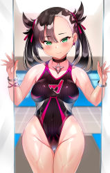 Rule 34 | 1girl, asymmetrical bangs, asymmetrical hair, bare shoulders, black choker, black hair, black one-piece swimsuit, blush, bracelet, breasts, choker, closed mouth, collarbone, competition swimsuit, covered navel, creatures (company), dot nose, earrings, game freak, green eyes, groin, hair ornament, hair ribbon, highleg, highleg swimsuit, highres, jewelry, looking at viewer, marnie (pokemon), medium breasts, nintendo, one-piece swimsuit, pokemon, pokemon swsh, pool, poolside, ribbon, shiny skin, short hair, silver trim, solo, standing, swimsuit, tem10, thigh gap, thighs, twintails, undercut, wet, wide hips
