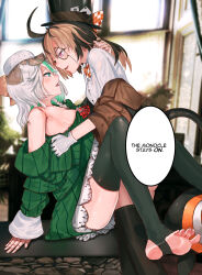 2girls absurdres advarcher ass blush braid breasts brown_hair cecilia_immergreen colored_inner_hair commission doll_joints english_text feet gigi_murin gloves green_hair grey_hair hat highres hololive hololive_english joints looking_at_another monocle multicolored_hair multiple_girls open_mouth parted_lips short_hair side_braid single_braid small_breasts soles tail toeless_legwear toes tongue top_hat two-tone_hair virtual_youtuber white_gloves yuri