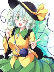 Rule 34 | 1girl, ;d, aka tawashi, aqua background, black hat, blush, bow, breasts, clenched hand, commentary request, cowboy shot, drop shadow, frilled shirt collar, frilled sleeves, frills, green eyes, green hair, green skirt, hair between eyes, hand up, hat, hat bow, heart, heart of string, highres, komeiji koishi, long sleeves, looking at viewer, medium breasts, multicolored background, one eye closed, open mouth, shirt, short hair, skirt, smile, solo, third eye, touhou, white background, wide sleeves, yellow bow, yellow shirt