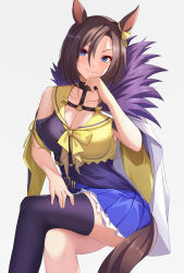 Rule 34 | 1girl, air groove (umamusume), animal ears, blue eyes, blue skirt, breasts, brown hair, choker, cleavage, closed mouth, clothing cutout, crop top, crossed legs, hand on own chin, highres, horse ears, horse girl, horse tail, invisible chair, large breasts, looking at viewer, o-ring, parted bangs, pleated skirt, purple shirt, purple thighhighs, sailor collar, shirt, short hair, shoulder cutout, single thighhigh, sitting, skirt, solo, tail, thighhighs, two-tone shirt, umamusume, vococo