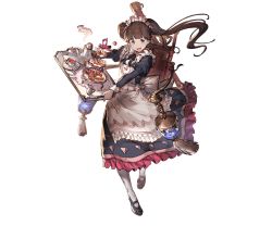 Rule 34 | 10s, 1girl, :d, apron, black dress, blunt bangs, brown hair, dorothy (granblue fantasy), dress, flamethrower, full body, granblue fantasy, long hair, long sleeves, maid, maid apron, maid headdress, mary janes, minaba hideo, official art, open mouth, puffy long sleeves, puffy sleeves, purple eyes, shoes, smile, solo, transparent background, weapon, white legwear