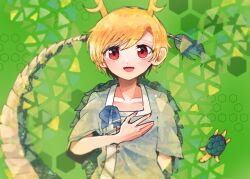Rule 34 | 1girl, animal, blonde hair, blue shirt, collarbone, dragon horns, dragon tail, horns, itomugi-kun, kicchou yachie, looking at viewer, open mouth, red eyes, shirt, short hair, short sleeves, smile, solo, tail, touhou, turtle, turtle shell, upper body, yellow horns