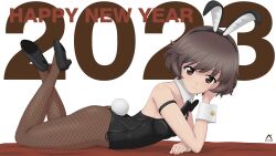 Rule 34 | 1girl, 2023, absurdres, acrux, akiyama yukari, animal ears, armlet, artist logo, text background, bed sheet, black footwear, black leotard, black pantyhose, breasts, brown eyes, brown hair, chinese zodiac, closed mouth, collar, commentary, dated, detached collar, elbow rest, english commentary, english text, fake animal ears, fake tail, fishnet pantyhose, fishnets, from side, girls und panzer, happy new year, high heels, highres, legs up, leotard, looking at viewer, lying, medium breasts, messy hair, new year, on bed, on stomach, pantyhose, playboy bunny, rabbit ears, rabbit tail, short hair, smile, solo, strapless, strapless leotard, tail, white background, white collar, wing collar, wrist cuffs, year of the rabbit