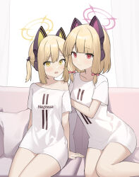 Rule 34 | 2girls, absurdres, animal ear headphones, animal ears, bad id, bad pixiv id, blonde hair, blue archive, bow, collarbone, controller, fake animal ears, game controller, green eyes, green halo, hair bow, halo, headphones, highres, midori (blue archive), momoi (blue archive), multiple girls, nagisa (cxcx5235), pink halo, red bow, red eyes, revision, shirt, short hair, short sleeves, siblings, sisters, sitting, twins, white shirt