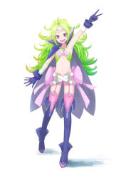 Rule 34 | 1girl, :d, armpits, belt, boots, bow, cape, fire emblem, fire emblem awakening, garter belt, garter straps, gloves, green hair, heart, long hair, midriff, navel, nintendo, nowi (fire emblem), open mouth, pointy ears, purple eyes, sk1246, smile, solo, thighhighs