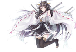Rule 34 | 10s, 1girl, ahoge, bad id, bad pixiv id, bare shoulders, boots, brown hair, detached sleeves, double bun, hair bun, hair ornament, hairband, headgear, japanese clothes, kantai collection, kongou (kancolle), kzhu, long hair, long sleeves, nontraditional miko, personification, pleated skirt, ribbon-trimmed sleeves, ribbon trim, skirt, smile, solo, thigh boots, thighhighs, wide sleeves, zettai ryouiki