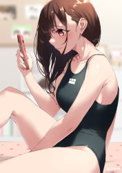 Rule 34 | 1girl, blurry, blurry background, blush, brown hair, cellphone, commentary request, competition swimsuit, depth of field, from side, holding, holding phone, jonsun, long hair, looking at phone, mole, mole under eye, one-piece swimsuit, original, phone, sitting, solo, swimsuit, wet, wet hair