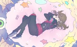 Rule 34 | 1girl, armband, black footwear, black jacket, black pants, brown hair, candy, closed eyes, commentary request, crying, e.g.o (project moon), employee (project moon), employee uniform, highres, hinamikan, jacket, knee pads, lobotomy corporation, long hair, long sleeves, lying, on side, pants, project moon, red armband, sleeping, star (symbol), uniform, void dream, wrapped candy