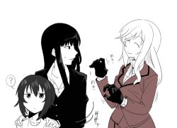 Rule 34 | 10s, ?, ^ ^, black gloves, black hair, black jacket, coat, collarbone, closed eyes, girls und panzer, gloves, grabbing, hands on another&#039;s shoulders, jacket, long hair, long sleeves, mimuni362, mother and daughter, motion lines, nishizumi maho, nishizumi shiho, red coat, red skirt, shimada chiyo, shirt, short hair, skirt, smile, spoken question mark, sweat, t-shirt, translation request, white shirt