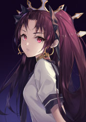 Rule 34 | 1girl, black bow, black sailor collar, bow, breasts, brown hair, commentary request, earrings, fate/grand order, fate (series), gradient background, hair bow, highres, hoop earrings, ishtar (fate), jewelry, long hair, parted bangs, purple background, rabbit (tukenitian), red eyes, sailor collar, school uniform, serafuku, shirt, short sleeves, small breasts, solo, tiara, two side up, upper body, v-shaped eyebrows, very long hair, white shirt