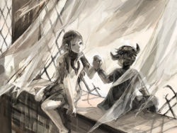 Rule 34 | 1boy, 1girl, curtains, holding hands, hetero, horns, ico, ico (character), lowres, monochrome, sitting, surcoat, yorda