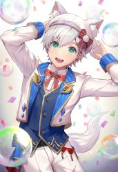 Rule 34 | 1boy, :d, animal ears, belt, bow, bubble, chain, confetti, gloves, green eyes, hair bow, hand to head, highres, looking at viewer, namco, open mouth, penguu (green528), ruca milda, short hair, smile, solo, tail, tales of (series), tales of innocence, tales of the rays, twisted torso, uniform