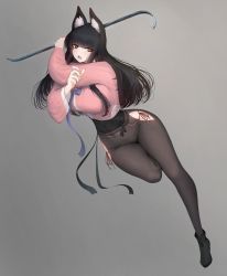 Rule 34 | 1girl, absurdres, animal ear fluff, animal ears, black hair, black pants, blue bow, blunt bangs, blush, bow, breasts, commentary request, crowbar, fox ears, full body, gradient background, grey background, highres, holding, holding crowbar, holding weapon, kagi f, large breasts, leg up, long hair, long sleeves, looking at viewer, open mouth, original, panties, pants, pink shirt, red eyes, red ribbon, ribbon, shirt, side-tie panties, solo, tight clothes, tight pants, underwear, v-shaped eyebrows, very long hair, weapon