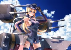Rule 34 | 10s, 1girl, ameno kiko, bad id, bad pixiv id, bismarck (kancolle), blonde hair, blue eyes, bodysuit, breasts, cannon, cloud, cowboy shot, day, elbow gloves, gloves, hand on headwear, hat, kantai collection, large breasts, long hair, looking at viewer, military, military hat, military uniform, nekomiruku, outdoors, skirt, sky, smile, uniform
