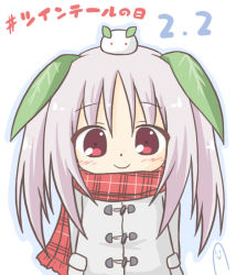 Rule 34 | 1girl, arms behind back, blue outline, blush, closed mouth, coat, female focus, grey coat, hair between eyes, hashtag, leaf, long hair, long sleeves, original, outline, plaid, plaid scarf, red eyes, red scarf, ri-net, scarf, sidelocks, smile, snow rabbit, solo, translation request, twintails, white background
