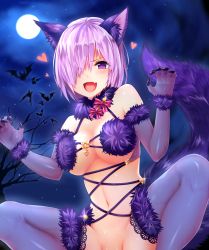 Rule 34 | 1girl, :d, absurdres, animal ears, bad id, bad pixiv id, bat (animal), bottomless, breasts, claws, elbow gloves, fang, fate/grand order, fate (series), full moon, gloves, hair over one eye, halloween costume, heart, highres, light purple hair, looking at viewer, mash kyrielight, mash kyrielight (dangerous beast), medium breasts, moon, navel, no panties, official alternate costume, open mouth, out-of-frame censoring, purple eyes, purple gloves, purple thighhighs, short hair, smile, solo, squatting, sukemyon, tail, thighhighs, wolf ears, wolf tail