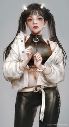 Rule 34 | 1girl, belt, black hair, cowboy shot, cross, cross earrings, cuffs, earrings, grey background, grey eyes, handcuffs, highres, jacket, jewelry, leather, leather pants, lips, long hair, looking at viewer, midriff, navel, nose, original, pants, shal.e, simple background, solo, twintails