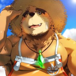 Rule 34 | 1boy, bandaid, bandaid on cheek, bandaid on face, bara, bare shoulders, bear boy, blush, brown fur, character request, fang, forked eyebrows, from below, furry, furry male, hat, jewelry, large pectorals, male focus, muscular, muscular male, naked overalls, necklace, overalls, pectoral cleavage, pectorals, rossciaco, sideburns, sidepec, solo, straw hat, sunlight, thick eyebrows, tokyo houkago summoners, upper body