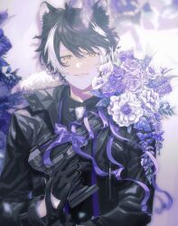Rule 34 | 1boy, anemone (flower), animal ears, black coat, black gloves, black hair, black shirt, black vest, blurry, bouquet, calla lily, coat, depth of field, fangs, flower, fur-trimmed coat, fur trim, gloves, grin, gun, hair between eyes, half-closed eye, half gloves, hand up, handgun, highres, holding, holding bouquet, holding gun, holding weapon, holostars, jackal boy, jackal ears, kageyama shien, lavender (flower), light blush, looking at viewer, male focus, momiage 40, multicolored hair, necktie, open clothes, open coat, purple flower, purple ribbon, purple rose, ribbon, rose, shadow, shirt, short hair, smile, solo, stole, trigger discipline, two-tone hair, upper body, v, vest, virtual youtuber, weapon, white flower, white hair, white necktie, wisteria, yellow eyes