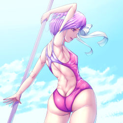 Rule 34 | 1girl, ass, bare shoulders, breasts, butt crack, cecil (fire emblem), competition swimsuit, covered erect nipples, fire emblem, fire emblem: mystery of the emblem, harihisa, looking back, nintendo, one-piece swimsuit, purple eyes, purple hair, short hair, small breasts, smile, solo, swimsuit