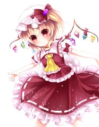 Rule 34 | 1girl, ascot, bad id, bad pixiv id, bell, blonde hair, choker, flandre scarlet, frills, hat, highres, looking at viewer, mob cap, red eyes, rinne (kouheiramia), side ponytail, smile, solo, touhou, wings
