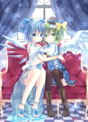 Rule 34 | 2girls, adapted costume, alternate costume, anklet, bad id, bad pixiv id, black legwear, blue eyes, blue flower, blue hair, blue rose, boots, bow, cirno, cross-laced footwear, daiyousei, flower, full body, green eyes, green hair, hair bow, hair ornament, hat, hug, jewelry, lace-up boots, marotti, multiple girls, open mouth, petals, rose, sandals, short hair, side ponytail, sitting, skirt, snow, snowflakes, thighhighs, touhou, window, wings, wrist cuffs, yousei daisensou