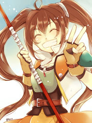 Rule 34 | 1girl, ahoge, armor, artist name, belt, breasts, brown hair, cowboy shot, eiyuu densetsu, estelle bright, closed eyes, fingerless gloves, gloves, grin, jacket, leather, leather gloves, long hair, looking at viewer, polearm, shirt, shoulder armor, skirt, small breasts, smile, solo, sora no kiseki, staff, twintails, twitter username, v, weapon, yahane (5prco)