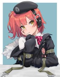 Rule 34 | 1girl, ahoge, beret, black jacket, bow, bowtie, candy, ear protection, expressionless, food, fur trim, girls&#039; frontline, hair bobbles, hair ornament, hat, head rest, jacket, kawara pigeon, lollipop, long sleeves, looking at viewer, mp7 (girls&#039; frontline), off shoulder, one side up, red hair, solo, yellow eyes
