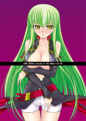 Rule 34 | 00s, 1girl, blush, breasts, c.c., censored, cleavage, code geass, detached sleeves, fujimaru arikui, green hair, large breasts, open clothes, open shirt, shirt, shorts, solo, thigh gap, thighs, yellow eyes