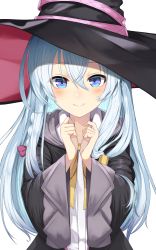 Rule 34 | 1girl, black hat, black robe, blue eyes, blush, closed mouth, commentary request, elaina (majo no tabitabi), hair between eyes, hands up, hat, highres, hood, hood down, hooded robe, long hair, long sleeves, looking at viewer, majo no tabitabi, open clothes, open robe, robe, shirt, silver hair, simple background, smile, solo, upper body, very long hair, white background, white shirt, wide sleeves, witch hat, yamato (muchuu paradigm)