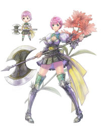 Rule 34 | 1girl, armor, axe, boots, breasts, chibi, cleavage, docoi, dual persona, flower, green eyes, md5 mismatch, original, panties, pantyshot, pink hair, resolution mismatch, skirt, source larger, thigh boots, thighhighs, underwear, weapon