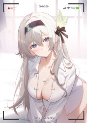 Rule 34 | 1girl, black hairband, black ribbon, blush, breasts, cleavage, commentary request, firefly (honkai: star rail), grey eyes, grey hair, hair ornament, hair ribbon, hairband, highres, honkai: star rail, honkai (series), kneeling, large breasts, long hair, long sleeves, looking at viewer, naked shirt, no pants, ribbon, shirt, smile, solo, thighs, white shirt, xion32