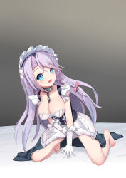 Rule 34 | 1girl, :d, absurdres, apron, arm support, azur lane, barefoot, bed sheet, belfast (azur lane), belfast (azur lane) (cosplay), black dress, blue eyes, blush, braid, breasts, broken, broken chain, chain, chinese commentary, cleavage, clothes lift, collar, collarbone, commentary request, cosplay, covered erect nipples, crotch grab, dress, dress lift, french braid, frilled apron, frilled dress, frilled gloves, frilled sleeves, frills, full body, gloves, grey background, hair between eyes, hair ribbon, hanging breasts, head tilt, highres, kneeling, large breasts, lifted by self, long dress, long hair, looking at viewer, maid, maid apron, maid headdress, open mouth, ribbon, shadow, sidelocks, silver hair, simple background, sleeveless, sleeveless dress, smile, solo, teeth, the hermit, upper teeth only, very long hair, vestal (azur lane), white apron, white gloves, white headwear