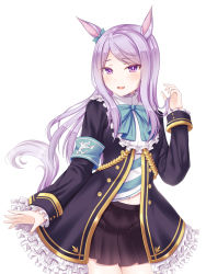 Rule 34 | 1girl, :d, animal ears, armband, black jacket, black skirt, blue bow, bow, commentary request, frilled jacket, frilled sleeves, frills, hanazome dotera, hand up, horse ears, horse girl, horse tail, jacket, long sleeves, looking at viewer, mejiro mcqueen (umamusume), navel, open mouth, pleated skirt, purple eyes, purple hair, simple background, skirt, smile, solo, swept bangs, tail, umamusume, white background