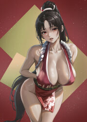 Rule 34 | 1girl, black hair, breasts, cleavage, fatal fury, grabbing own breast, highres, large breasts, long hair, open mouth, ponytail, red eyes, shiranui mai, solo