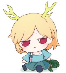 Rule 34 | 1girl, antlers, blonde hair, blue shirt, blue skirt, dragon girl, dragon horns, dragon tail, fumo (doll), highres, horns, kicchou yachie, rei (tonbo0430), shirt, short hair, simple background, skirt, solo, tail, touhou, turtle shell, white background