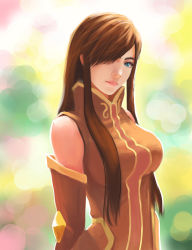 Rule 34 | 1girl, bad id, bad pixiv id, bare shoulders, blue eyes, brown hair, elbow gloves, fateline alpha, gloves, hair over one eye, lips, long hair, solo, tales of (series), tales of the abyss, tear grants