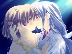 Rule 34 | 2girls, blush, closed eyes, female focus, hair bobbles, hair ornament, hands on another&#039;s head, japanese clothes, kiss, miko, multiple girls, source request, surprised, tears, yuri